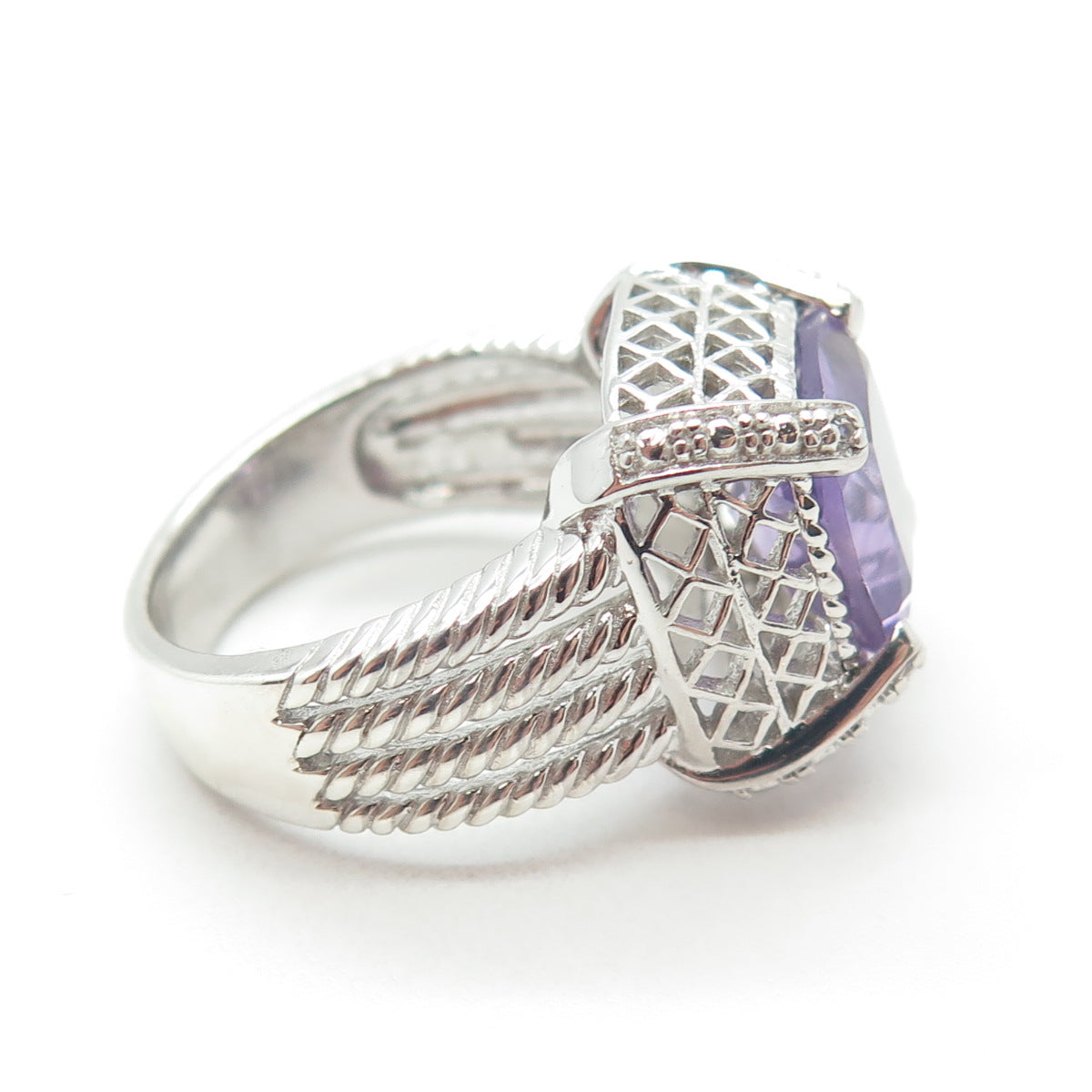 925 Sterling Silver Real Cushion-Cut Amethyst & White Topaz Ring Size 7