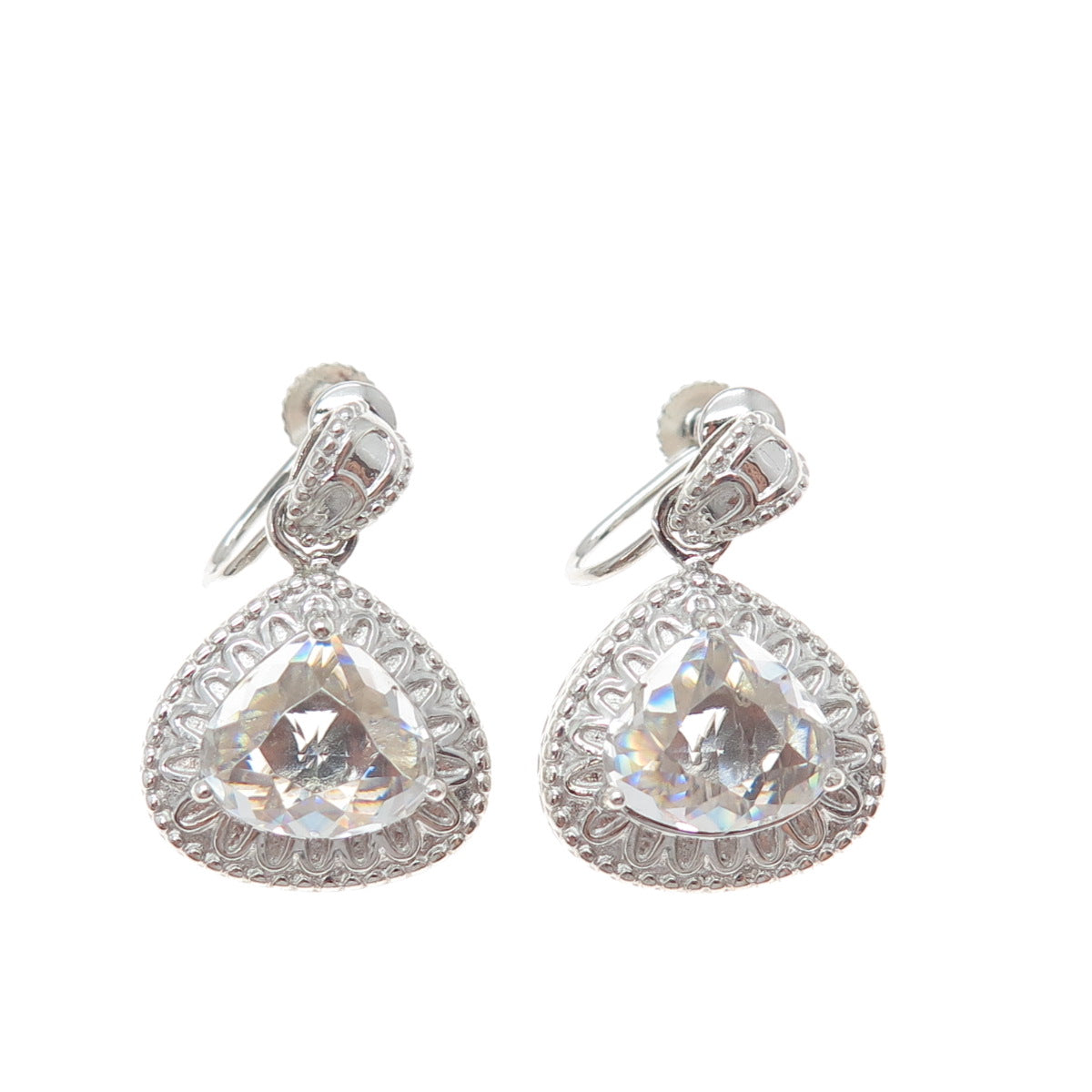 SAI 925 Sterling Silver Real Clear Quartz Teardrop Dangle Screw Back Earrings