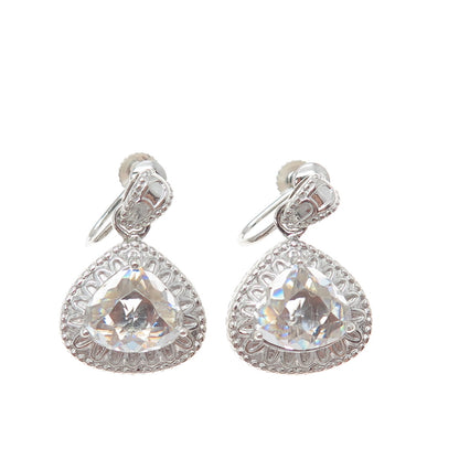 SAI 925 Sterling Silver Real Clear Quartz Teardrop Dangle Screw Back Earrings