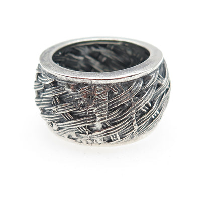 925 Sterling Silver Vintage Modernist Woven Oxidized Ring Size 8.5