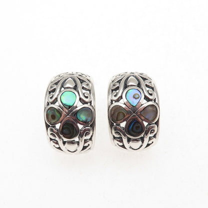 SX Sally C Sterling Silver Vintage Real Abalone Shell Floral Oxidized Earrings