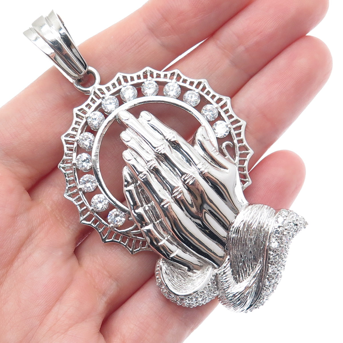 925 Sterling Silver Round-Cut C Z Praying Hands Pendant