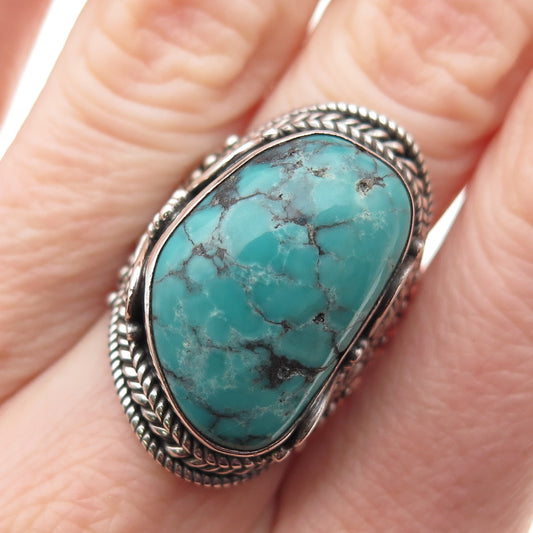 925 Sterling Silver Vintage Real Kingman Turquoise Oxidized Ring Size 7.25