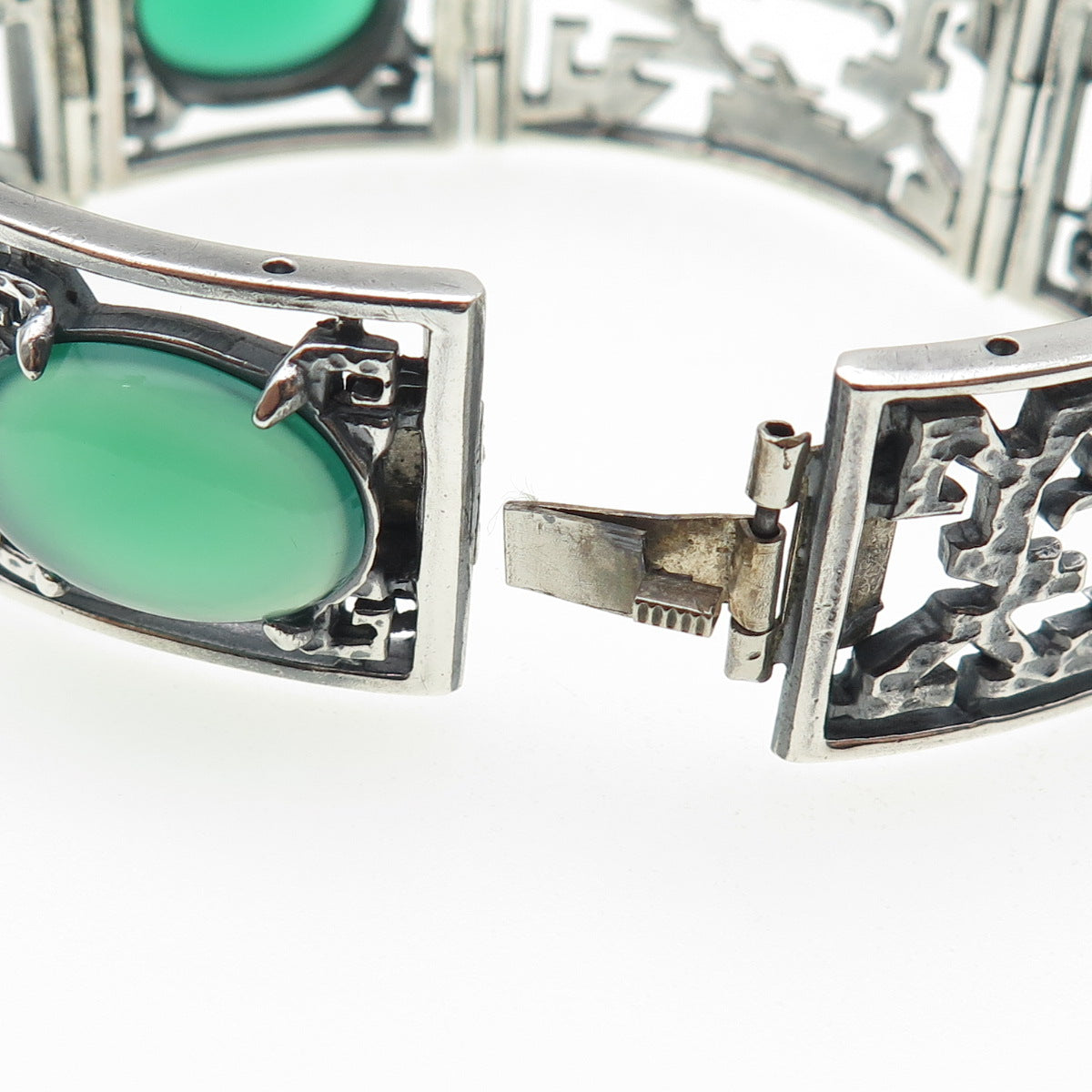 925 Sterling Silver Vintage Real Green Onyx Oxidized Panel Link Bracelet 7.25"
