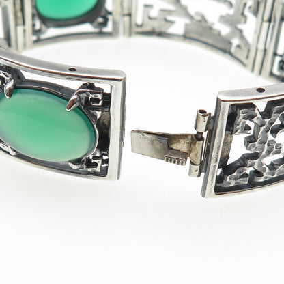 925 Sterling Silver Vintage Real Green Onyx Oxidized Panel Link Bracelet 7.25"