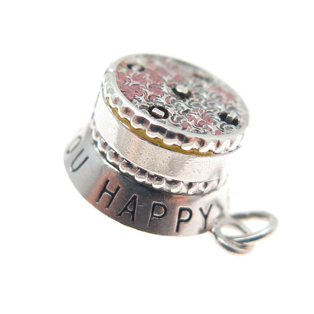 925 Sterling Antique Enamel Happy Birthday Cake Minimalist Movable Pendant