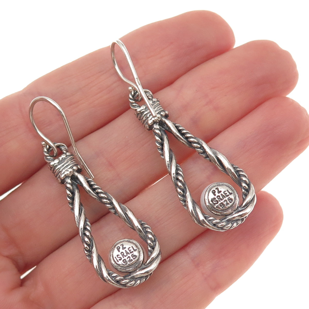 925 Sterling Silver Vintage Real Pearl Twisted Teardrop Oxidized Dangle Earrings