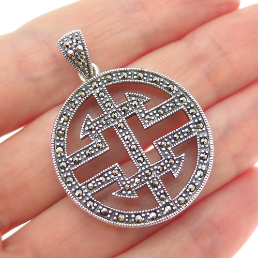 925 Sterling Silver Vintage Real Marcasite Oxidized Round Charm Pendant