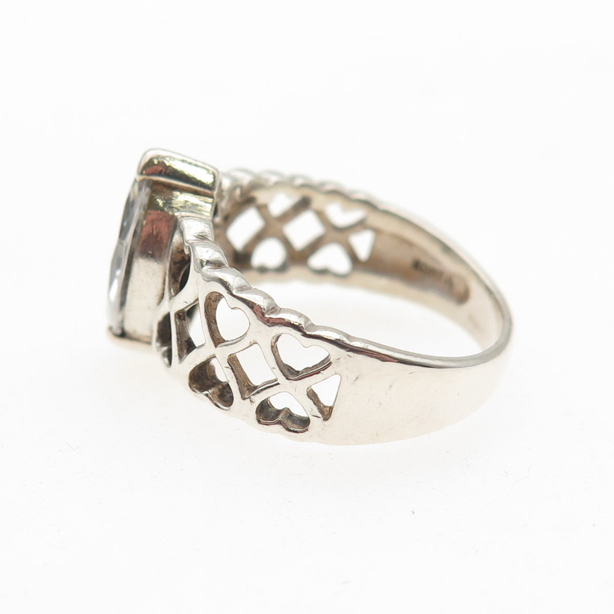 925 Sterling Silver Vintage Marquise-Cut C Z Heart Link Ring Size 6