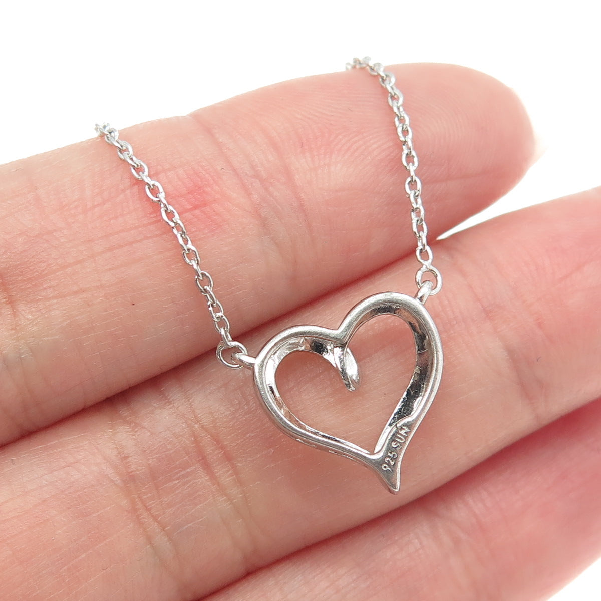 SUN 925 Sterling Silver Italy Real Round-Cut Diamond Heart Chain Necklace 18"