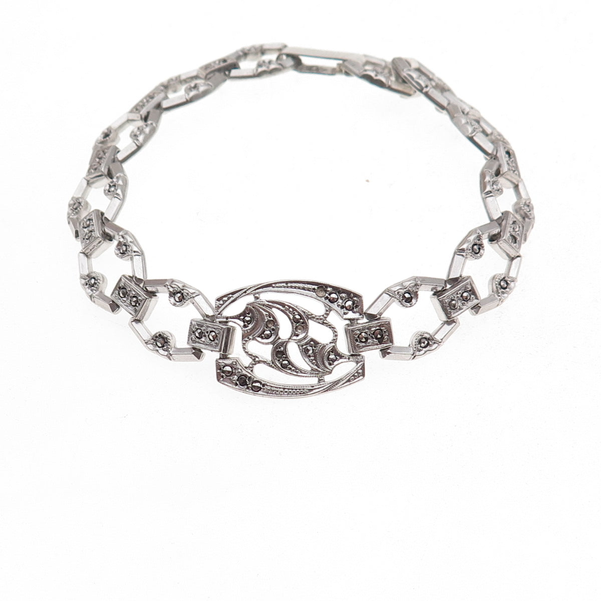 925 Sterling Antique Art Deco Real Marcasite Bracelet 7.25" (missing stones)