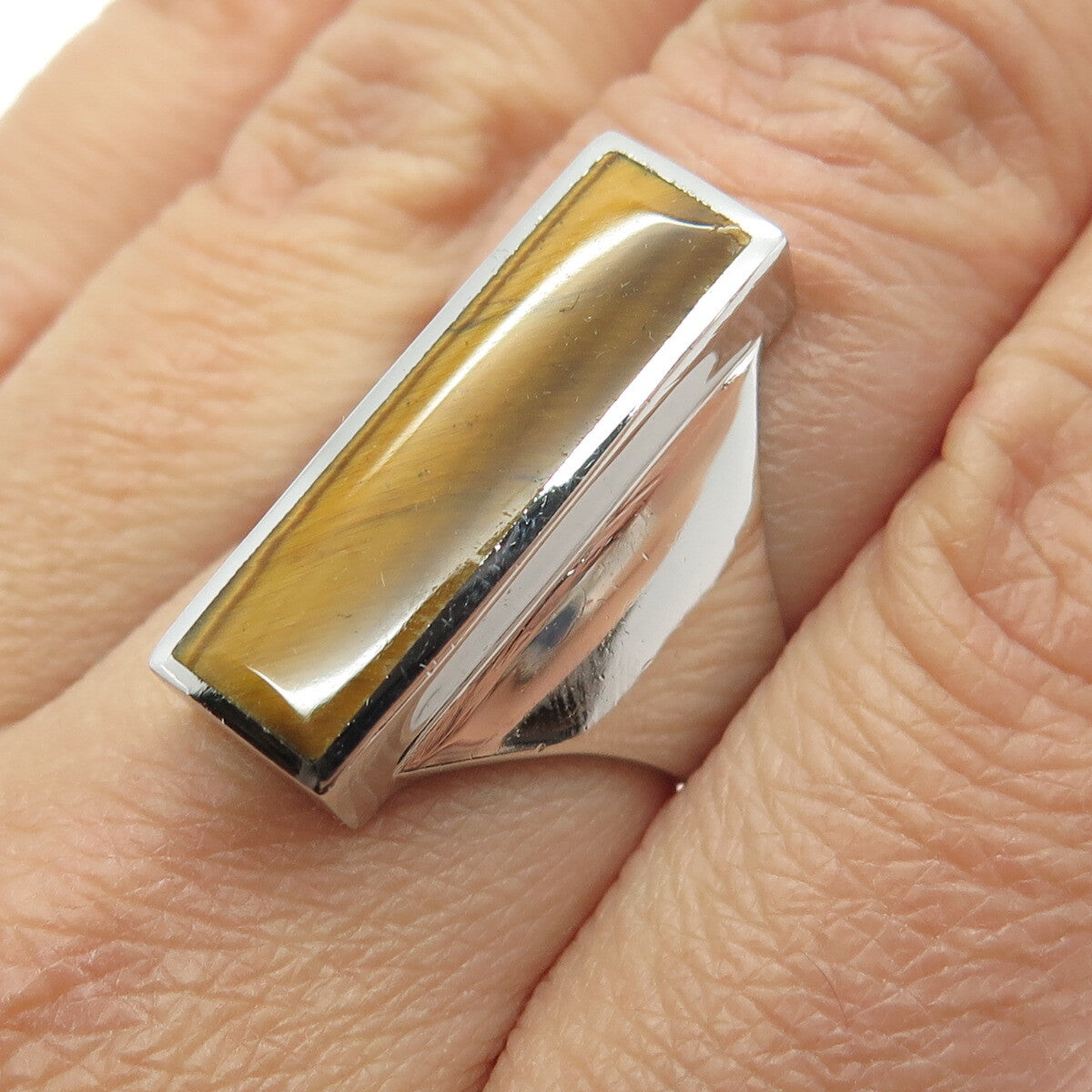 925 Sterling Silver Real Tiger Eye Modernist Bar Ring Size 7