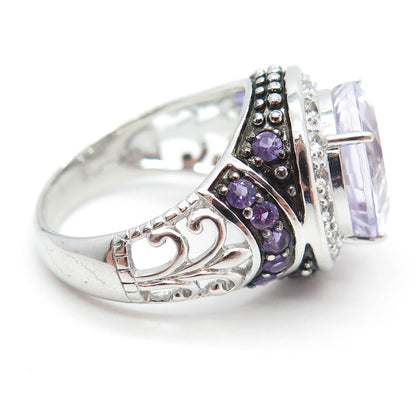 925 Sterling Silver Real White Topaz & Amethyst Gemstone Ring Size 7