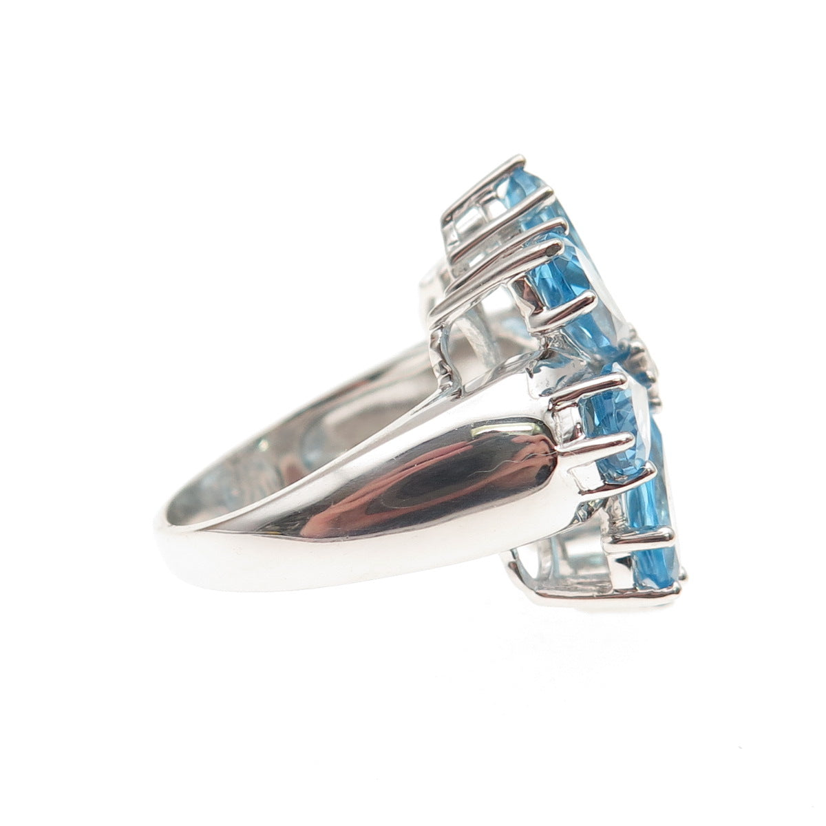 925 Sterling Silver Real Diamond & Blue Topaz Floral Ring Size 7.25