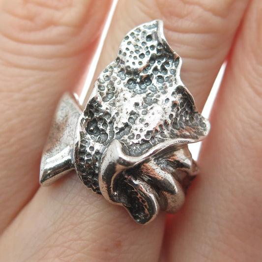 925 Sterling Silver Vintage Modernist Floral Oxidized Ring Size 7.75