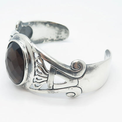 925 Sterling Silver Vintage Smoky Quartz Ornate Adjustable Cuff Bracelet 7.5"