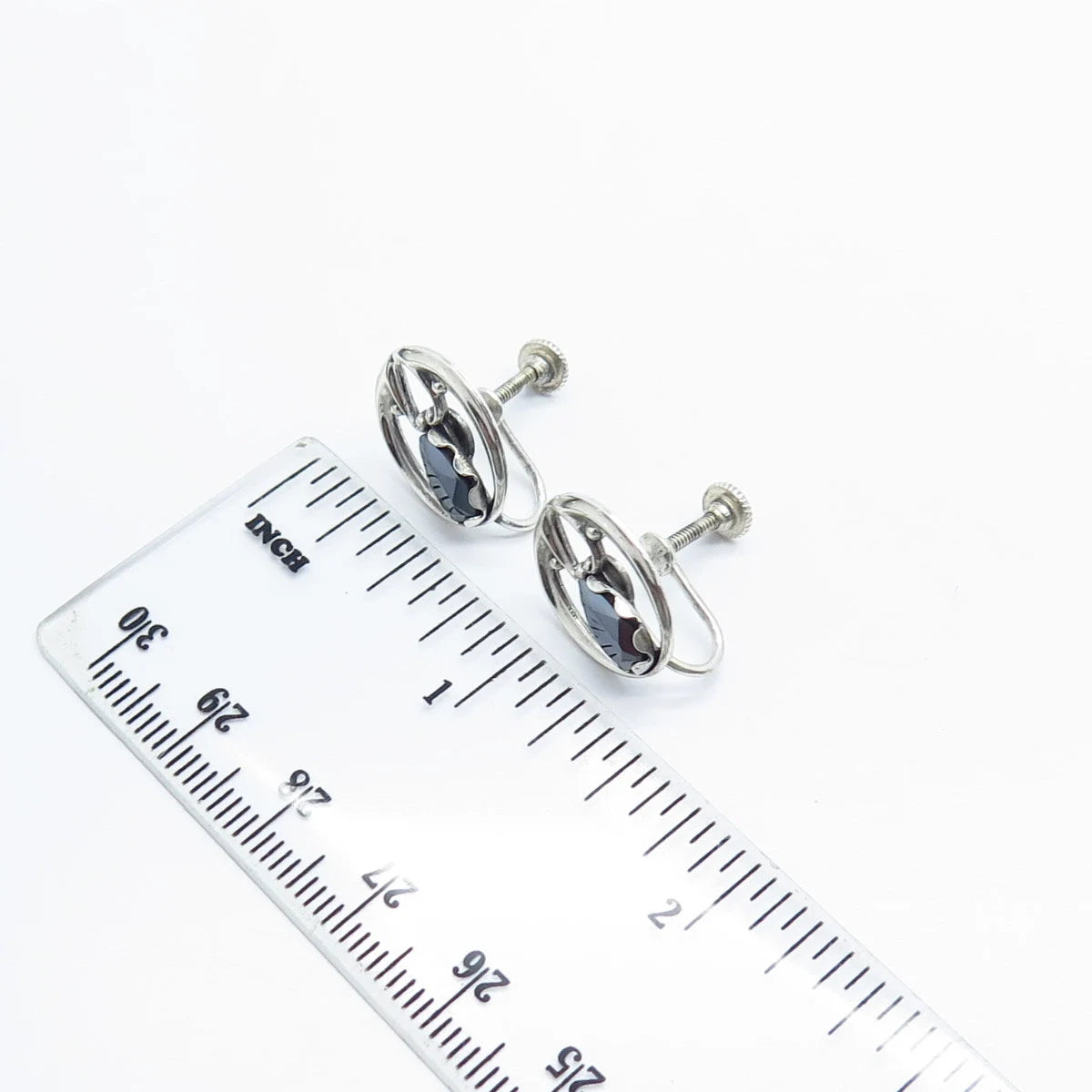 925 Sterling Silver Vintage Real Hematite Gemstone Screw Back Earrings