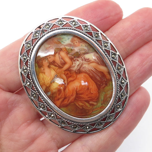 925 Sterling Silver Vintage Real Marcasite & Hand-Painted Ceramic Brooch Pendant