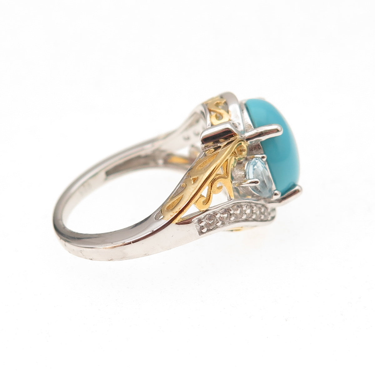 925 Sterling 2-Tone Sleeping Beauty Turquoise Blue & White Topaz Ring Size 8.25