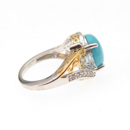 925 Sterling 2-Tone Sleeping Beauty Turquoise Blue & White Topaz Ring Size 8.25