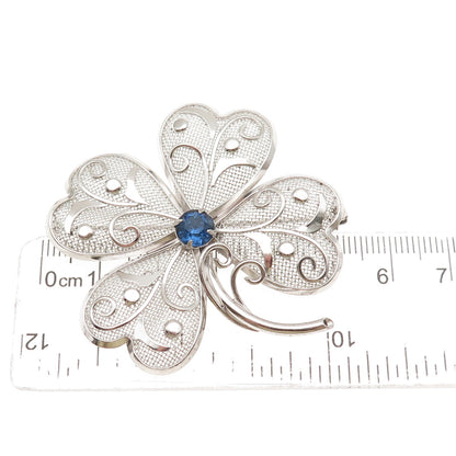 Bond Boyd 925 Sterling Silver Vintage Blue Rhinestone Clover Pin Brooch