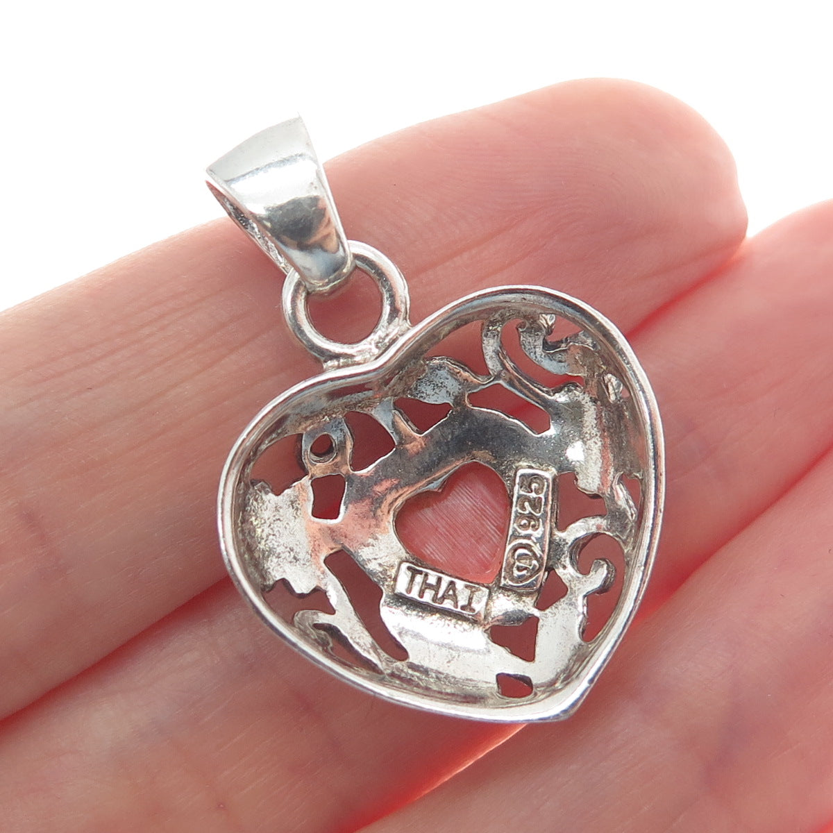 925 Sterling Silver Vintage Real Rhodonite Gemstone Flower Heart Pendant