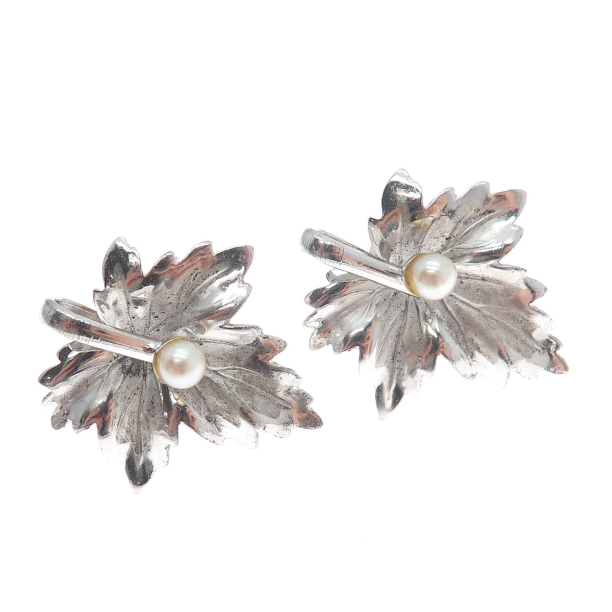 CARL ART 925 Sterling Silver Antique Real Pearl Leaf Screw Back Earrings