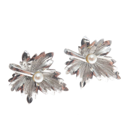 CARL ART 925 Sterling Silver Antique Real Pearl Leaf Screw Back Earrings