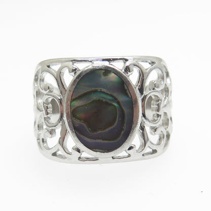 925 Sterling Silver Real Abalone Shell Ornate Ring Size 9.25