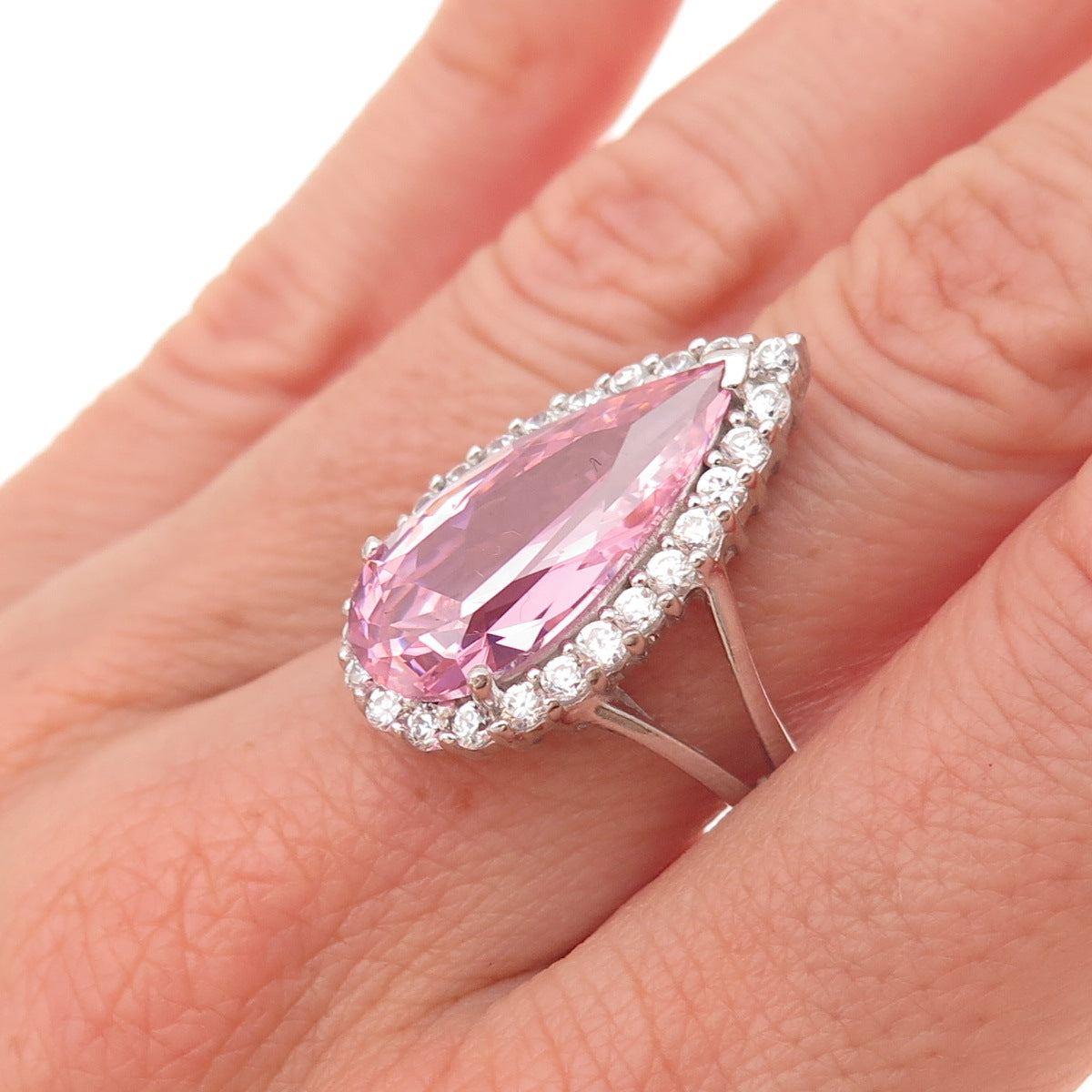 925 Sterling Silver Pear-Cut Pink & Round-Cut White C Z Ring Size 7