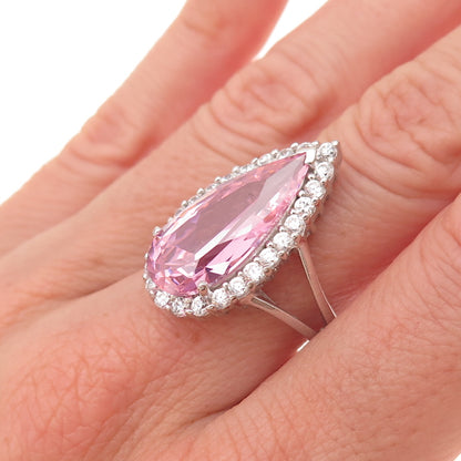 925 Sterling Silver Pear-Cut Pink & Round-Cut White C Z Ring Size 7