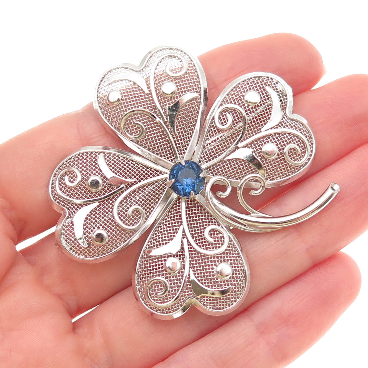 Bond Boyd 925 Sterling Silver Vintage Blue Rhinestone Clover Pin Brooch