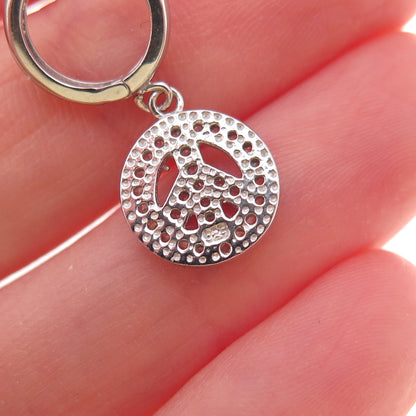 925 Sterling Silver Round-Cut C Z Peace Symbol Dangle Charm Hoop Earrings