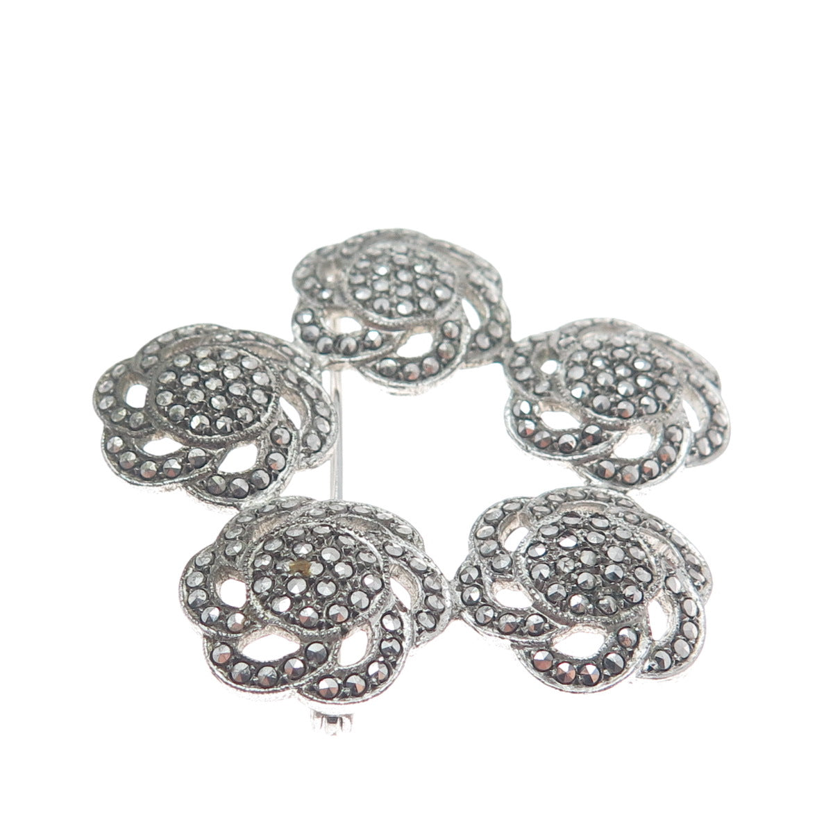 925 Sterling Silver Antique Art Deco Real Marcasite Flower Oxidized Pin Brooch