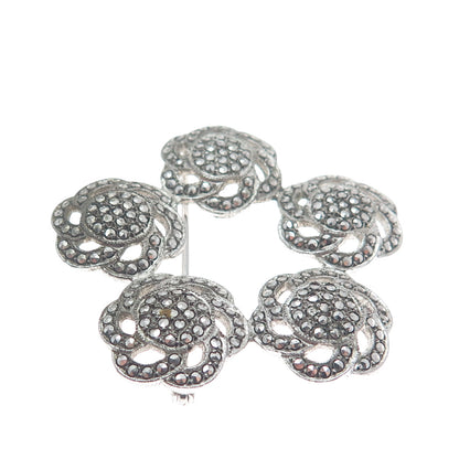 925 Sterling Silver Antique Art Deco Real Marcasite Flower Oxidized Pin Brooch