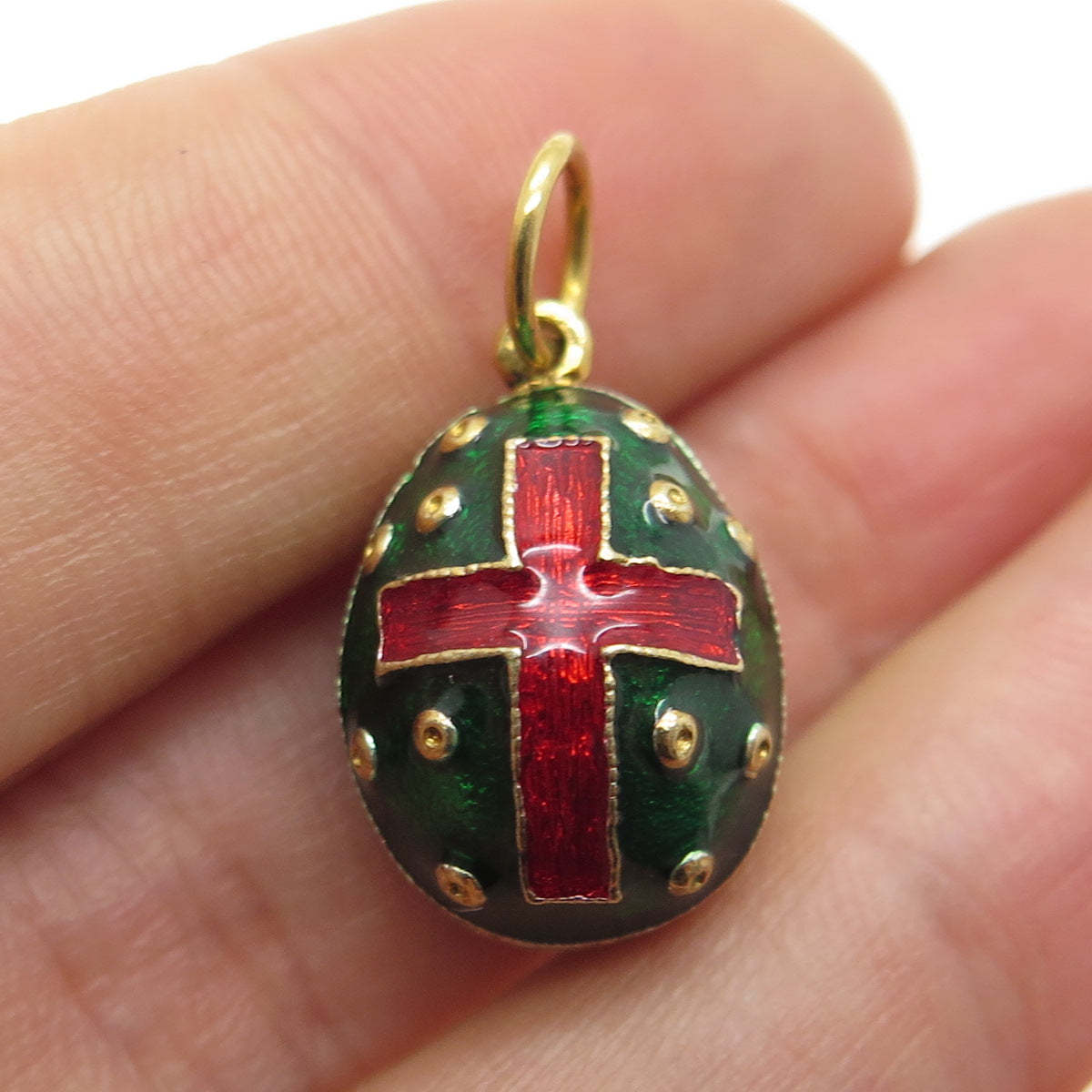 925 Sterling Silver Gold Plated Vintage Enamel Easter Egg Red Cross Pendant