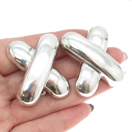 925 Sterling Silver Vintage Puffy "X" Kisses Modernist Clip On Earrings