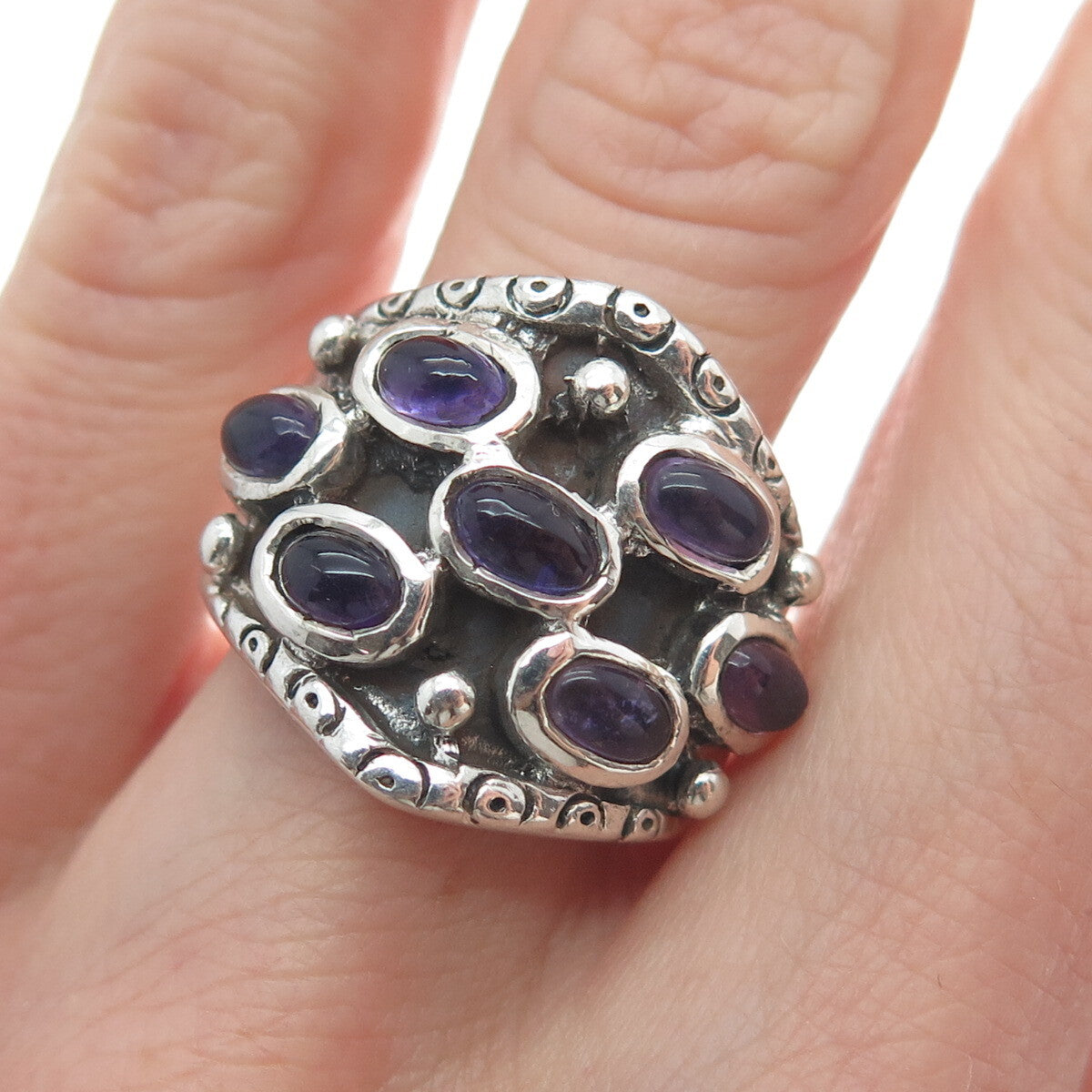 925 Sterling Silver Vintage Real Amethyst Modernist Oxidized Ring Size 6.5