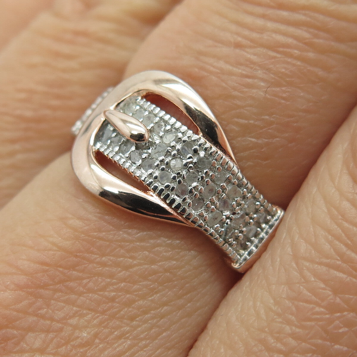 DEE BERKLEY JEWELRY 925 Sterling 2-Tone Diamond Belt Buckle Ring Size 7.25