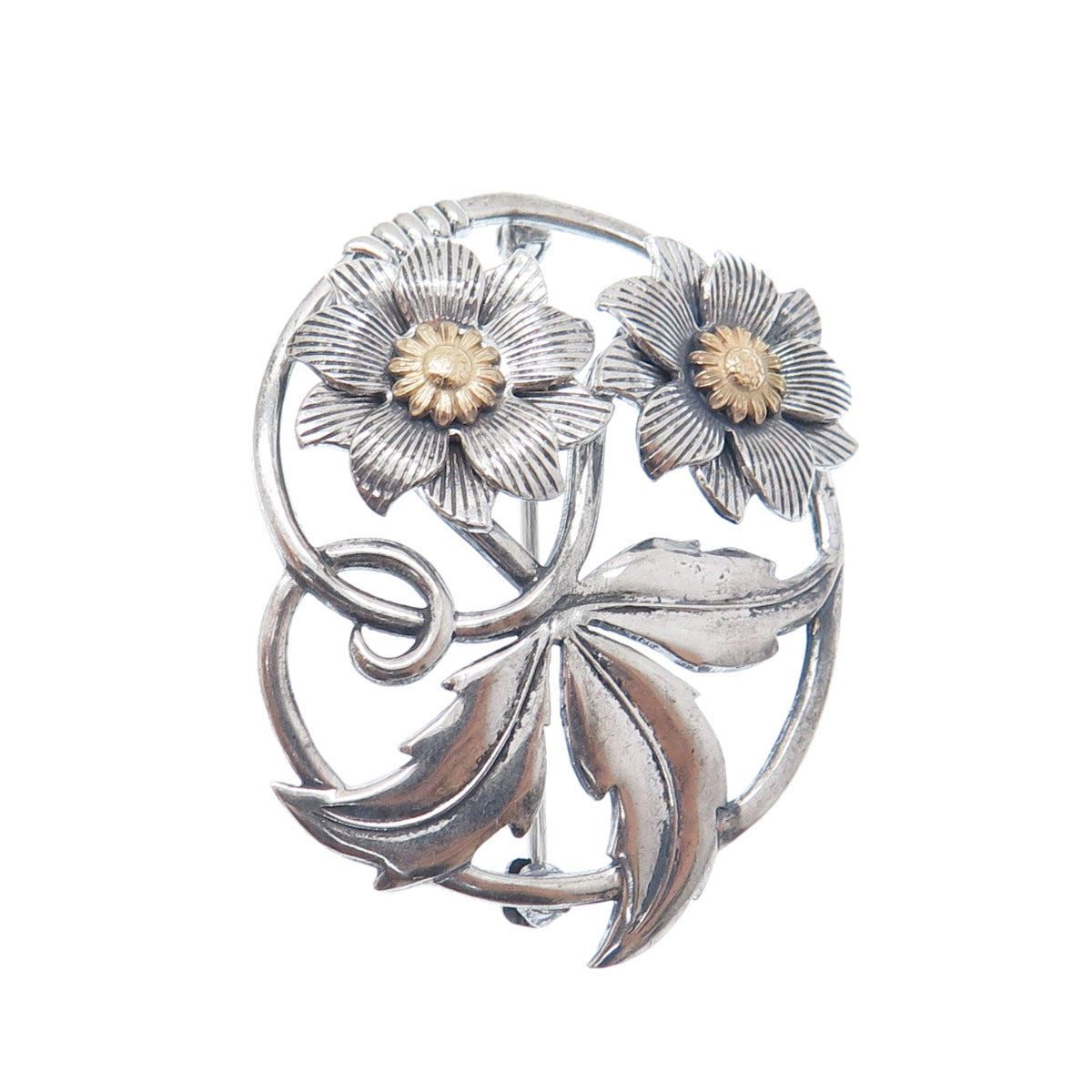 W. E. RICHARDS 925 Sterling Silver 2-Tone Antique Flower Oxidized Pin Brooch