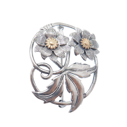 W. E. RICHARDS 925 Sterling Silver 2-Tone Antique Flower Oxidized Pin Brooch