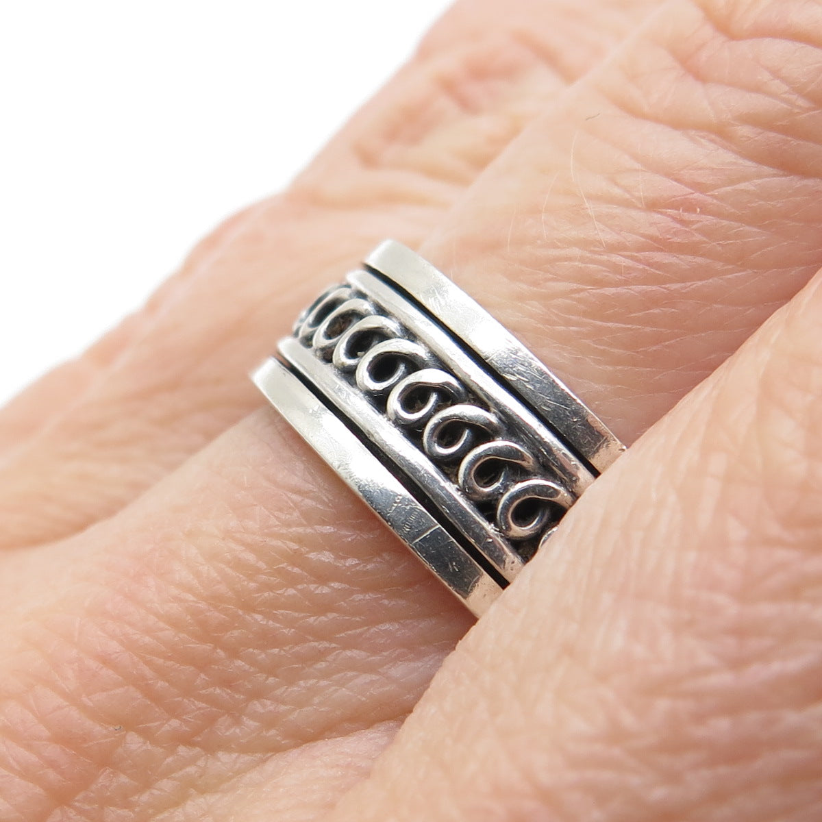 GEOART 925 Sterling Silver Vintage Spiral Oxidized Rotating Band Ring Size 8