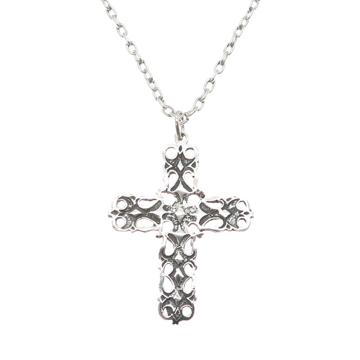 950 Silver Vintage Ornate Cross Oxidized Cable Chain Necklace 28"