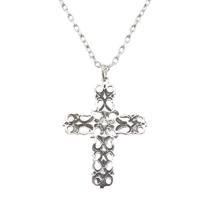950 Silver Vintage Ornate Cross Oxidized Cable Chain Necklace 28"