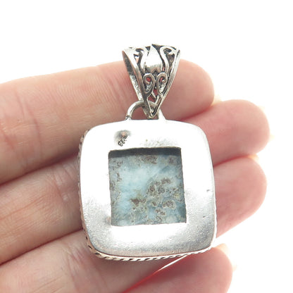 925 Sterling Silver Vintage Real Larimar Granulated Pendant
