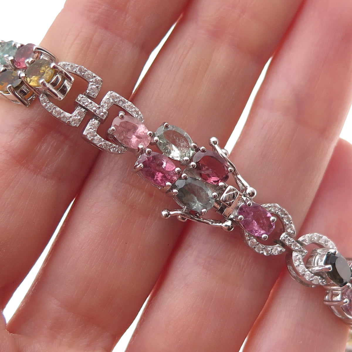 925 Sterling Silver Real Multi-Color Tourmaline & White Topaz Bracelet 7.25"