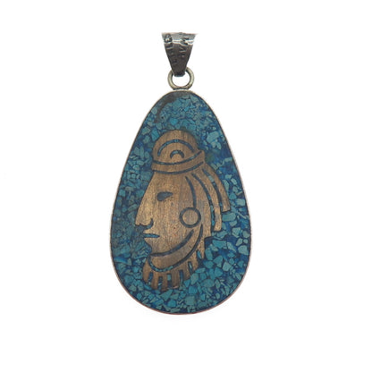 925 Sterling 2-Tone Vintage Metales Mexico Real Turquoise Inlay & Wood Pendant