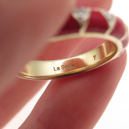 La Soula 925 Sterling Silver Gold Plated Enamel Real Diamond Band Ring Size 7