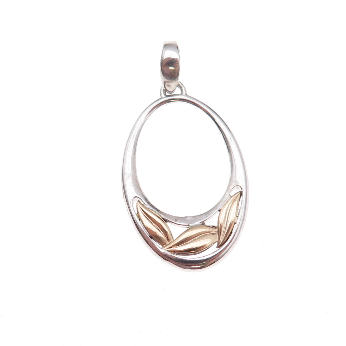 925 Sterling Silver 14K Gold Vintage Modernist Floral Leaf Charm Pendant