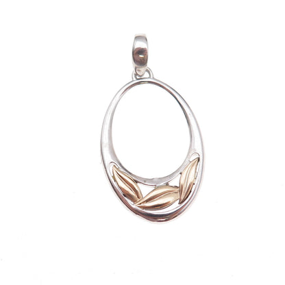 925 Sterling Silver 14K Gold Vintage Modernist Floral Leaf Charm Pendant